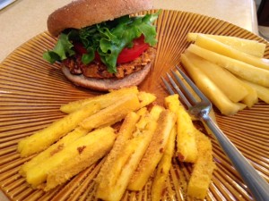 McDougall Curried Sweet Potato Burgers, Polenta Fries and Pineapple Parsnips